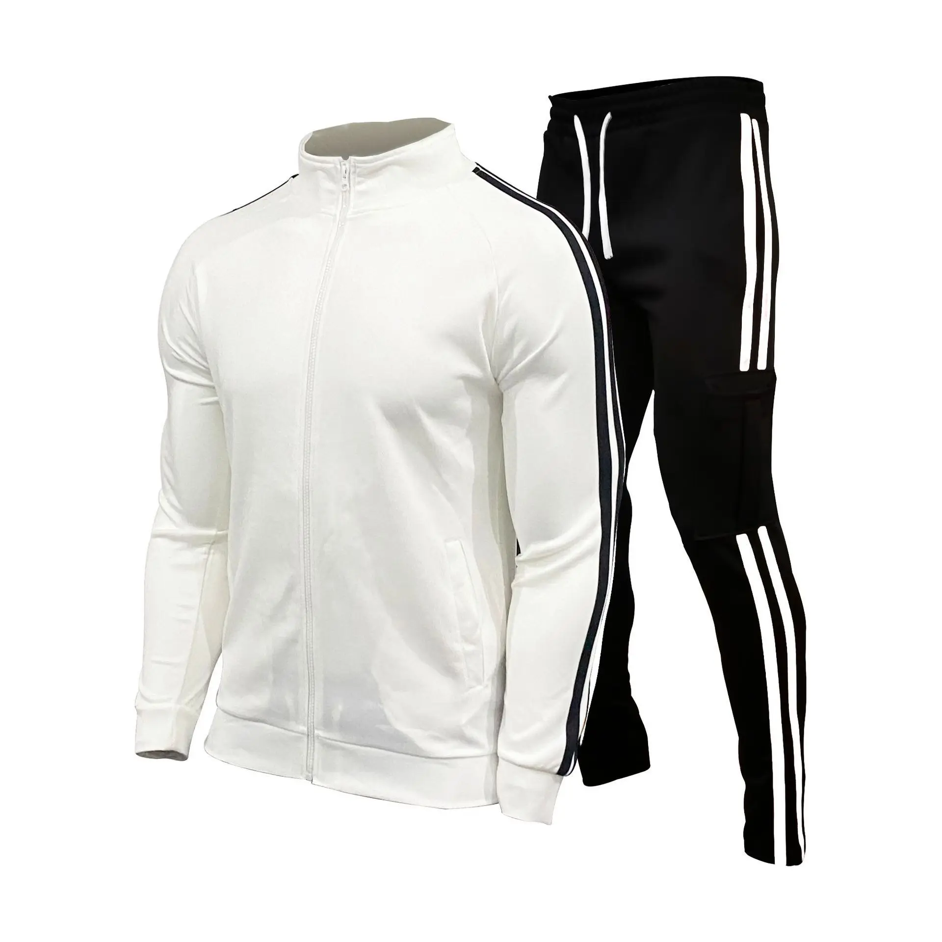 YD Custom logo men s jogging sweat suits fall track suit for men turn - down neck side stripe jogger set with side pockets