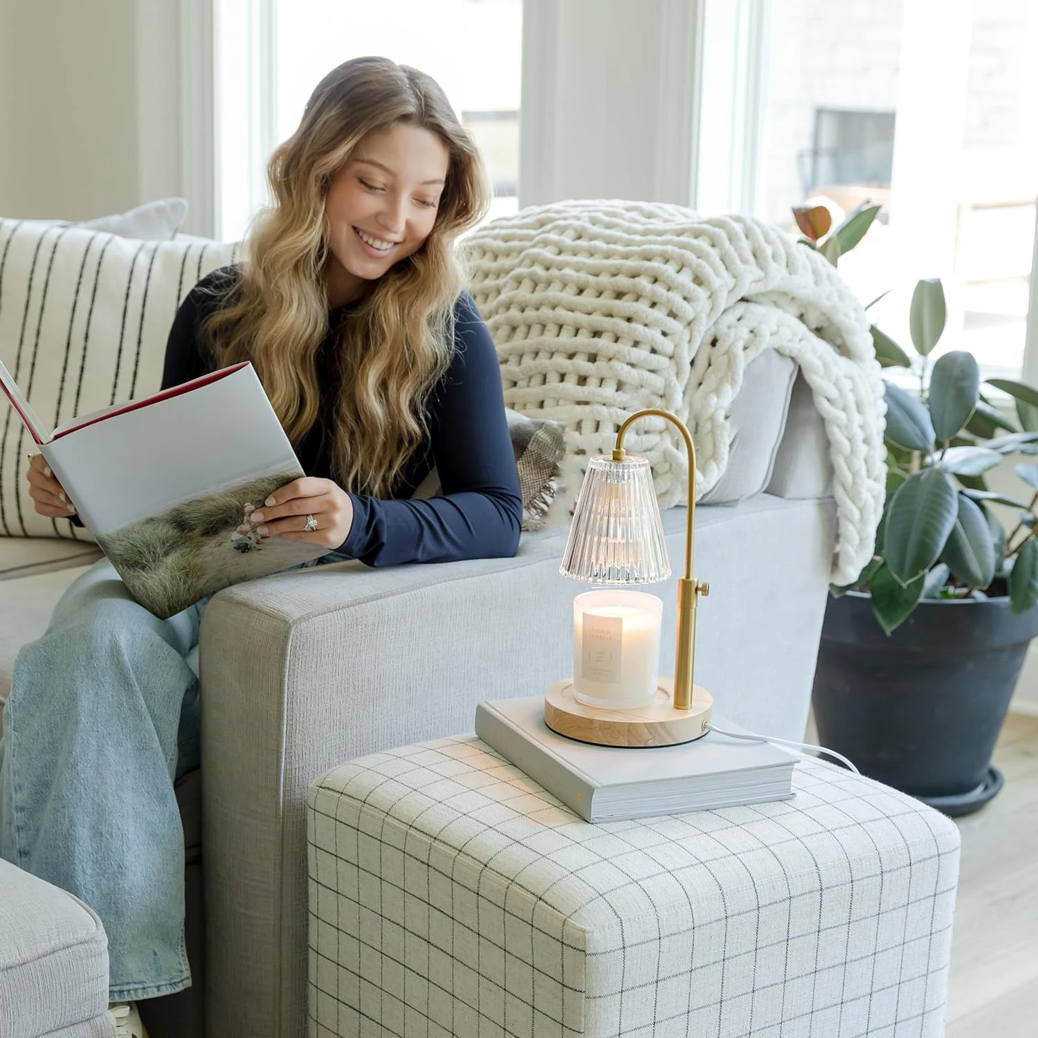 Class Glass Flameless Candle Warmer Lamp Electric Scented Jar Candles Dimmer Round Wood Table Lamp Adjustable Tart Melter  GU10