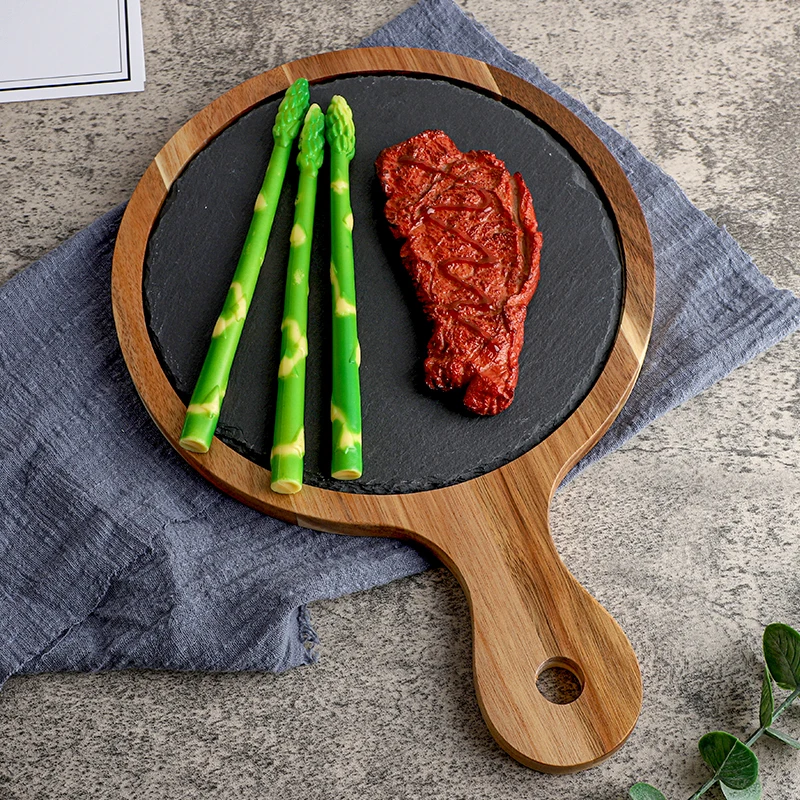 2024 Source factory kitchenware cutting board natural stone slate wood food tray hotel restaurant wooden serving