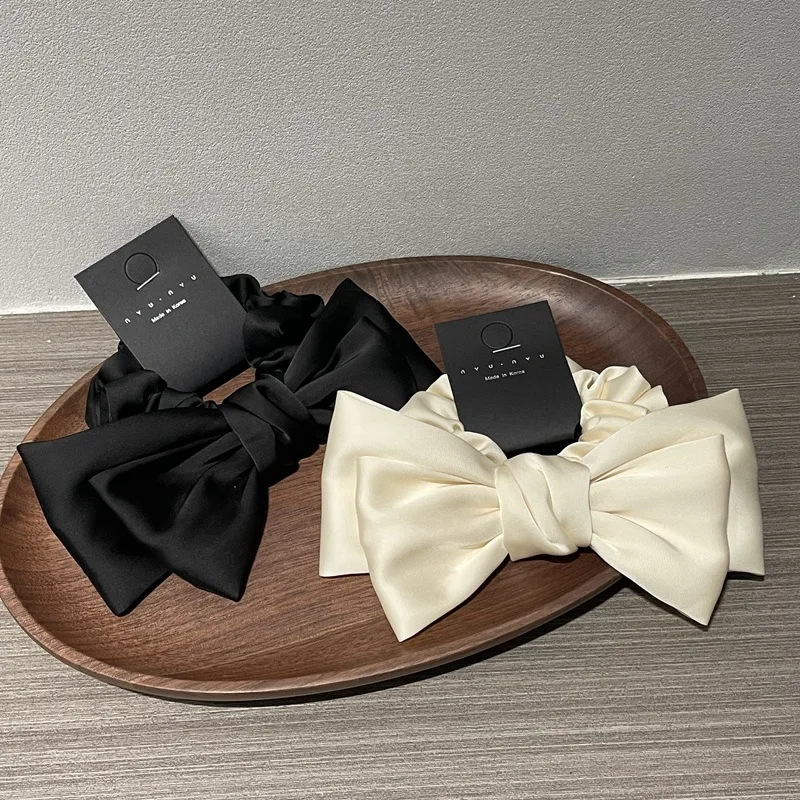 High-end Solid Color Double Layer Satin Bow Hair Scrunchies Elastic Ponytail Hair Band Bowknot Pretty Women Hair Ties