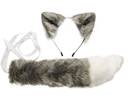Handmade Fox Wolf Ears Headband and Faux Fur Tail for Halloween Cosplay Party Costume Accessories