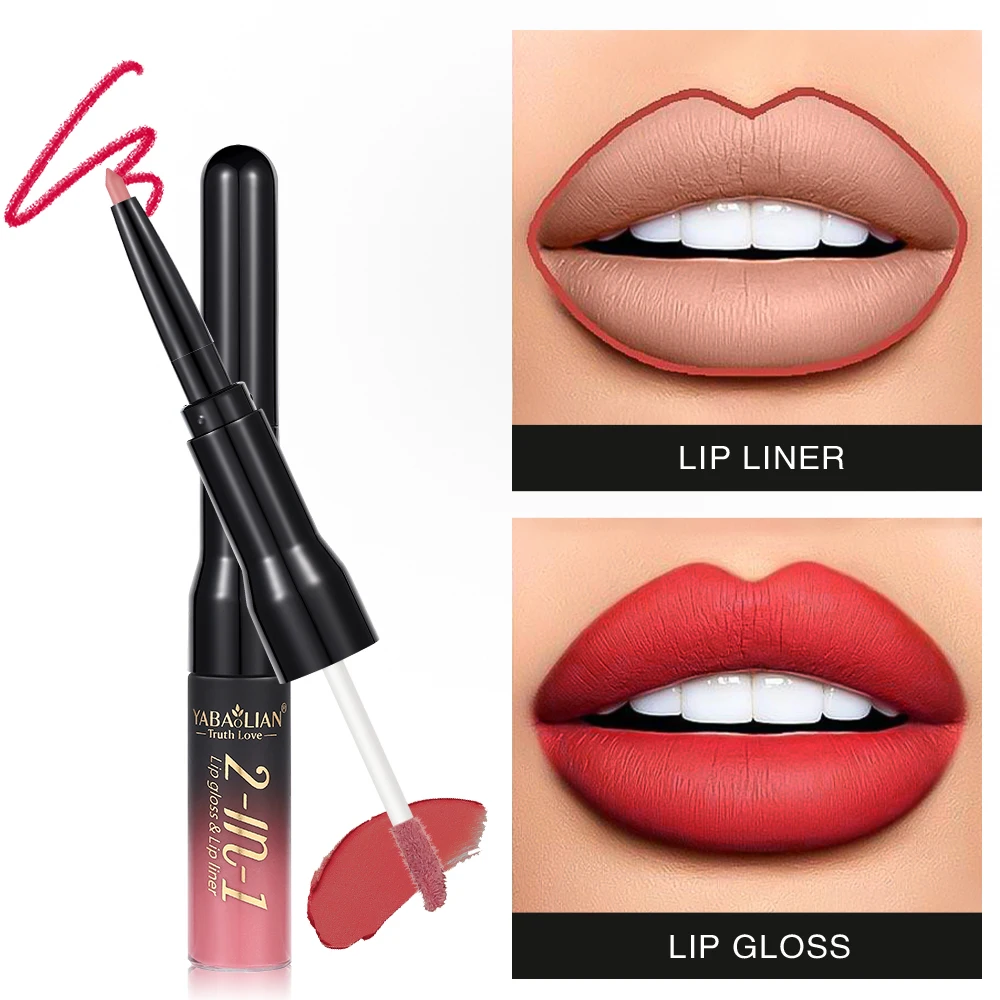 2 In 1 Double Head Lipliner Lip Gloss 24 Hour Lipstick matte lipstick long lasting waterproof lip liner gloss set OEM/PODM