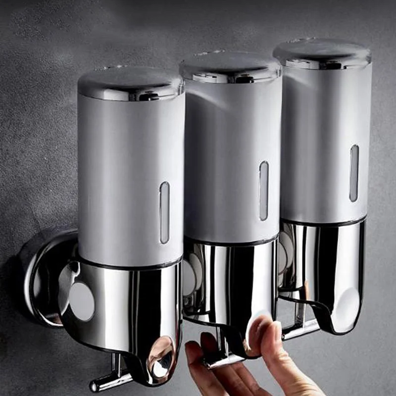 Wall Mount Shower Pump White Euro Series TRIO 3-Chamber Soap and Shower Dispenser Shampoo and Soap Dispensers, Stainless Steel