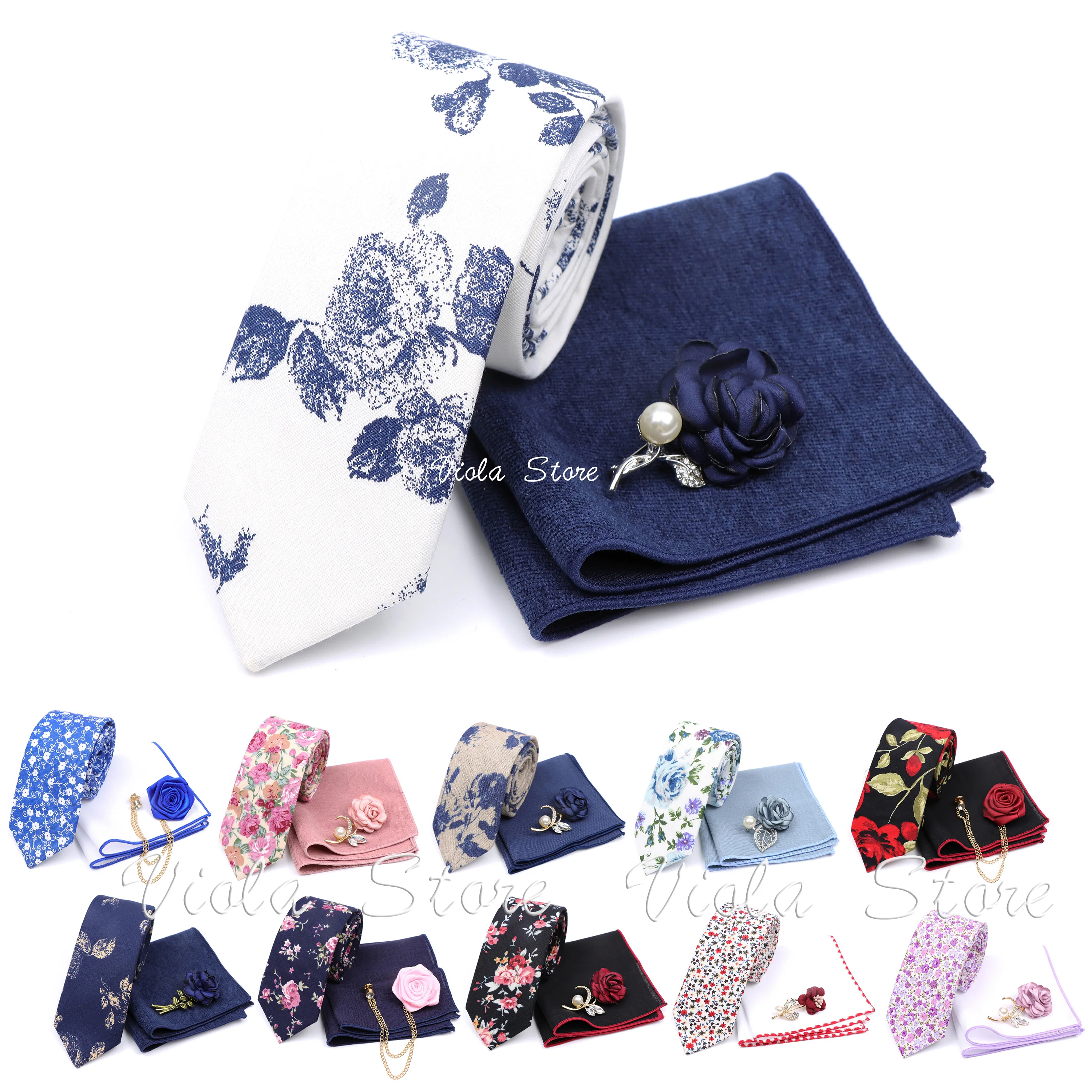 New Hot Sole Designs Floral Cotton 6cm Necktie Sets Brooch Pocket Square Men Pink Red Navy Wedding Party Cravat Gift Accessory