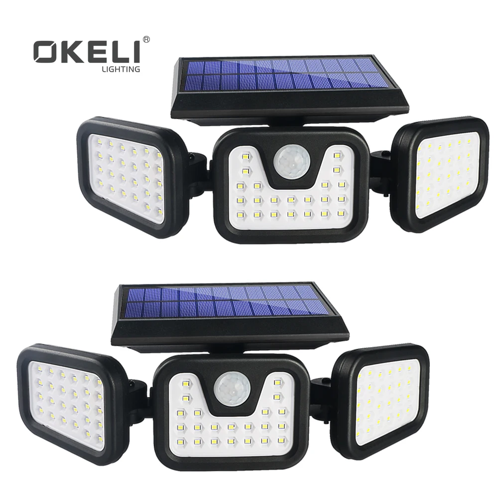 OKELI Motion Sensor 3 Ajustable Heads IP65 Waterproof Outdoor Led Solar Wall Light