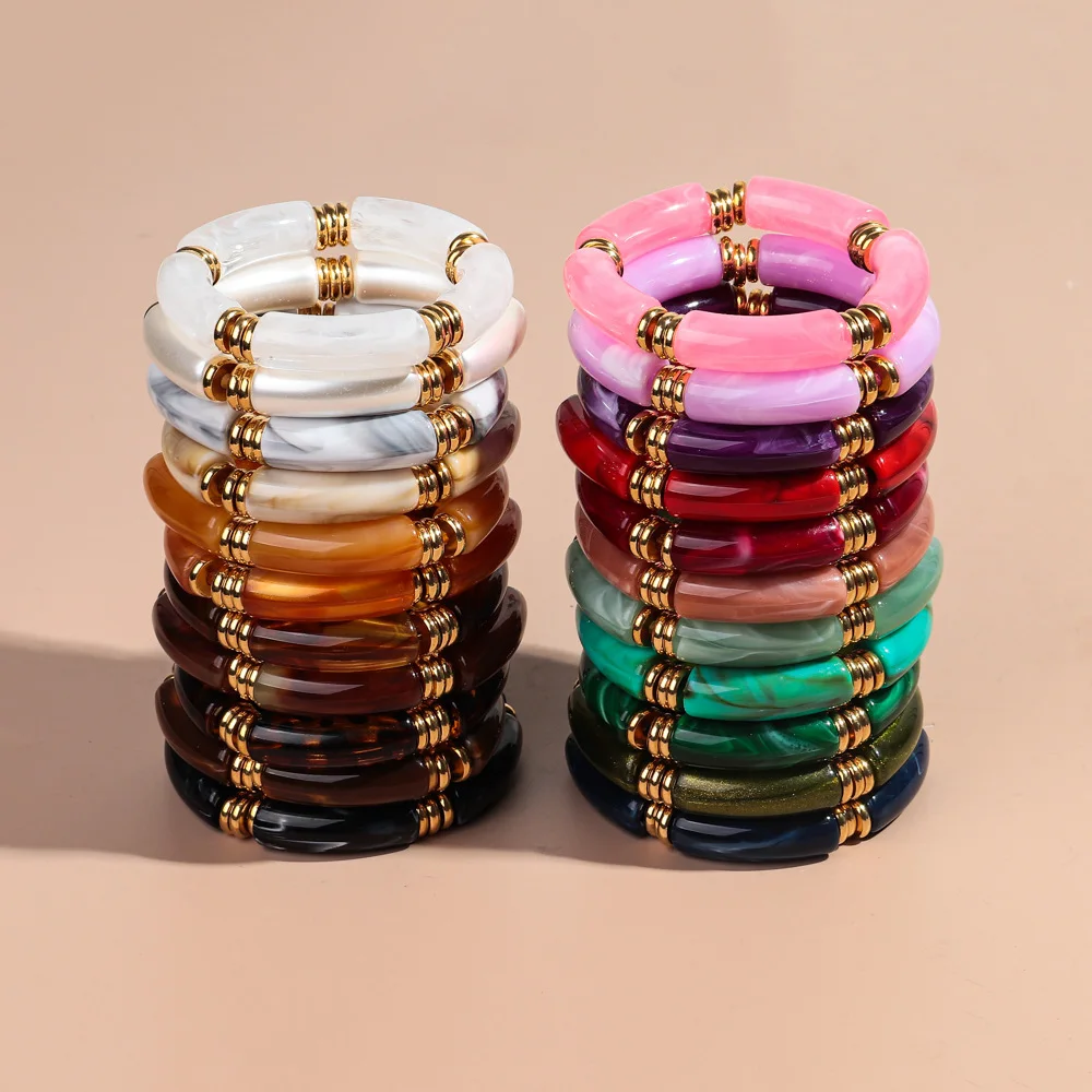 Bohemian Style Colored Marble Resin Bangle Fashion Jewelry Eco-friendly Metal Spacer Tube Bead Acrylic Bracelet Wholesale
