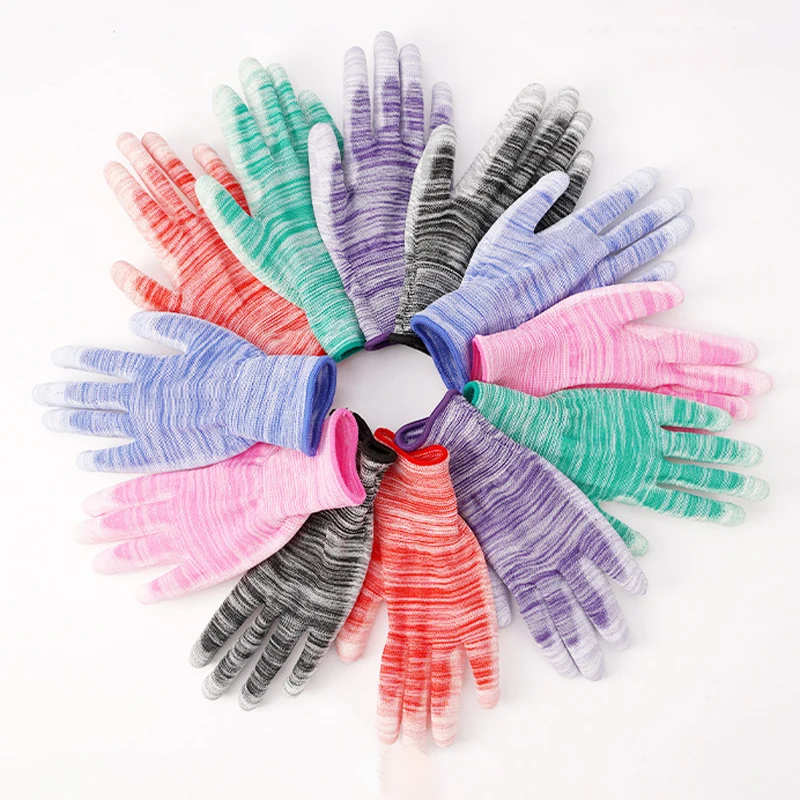 13 needle knitted stripe coated palm gloves PU coated palm protective gloves anti-wear anti-static labor gloves