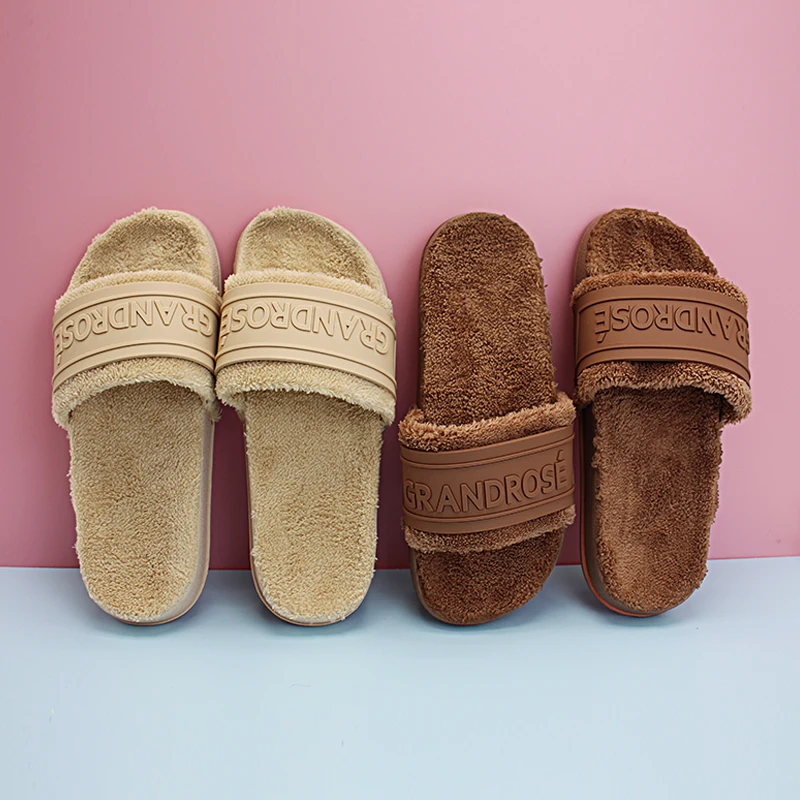 GRS Custom fluffiga tofflor with 3D customized logo fake fur slides lady winter slipper EVA sole slippers