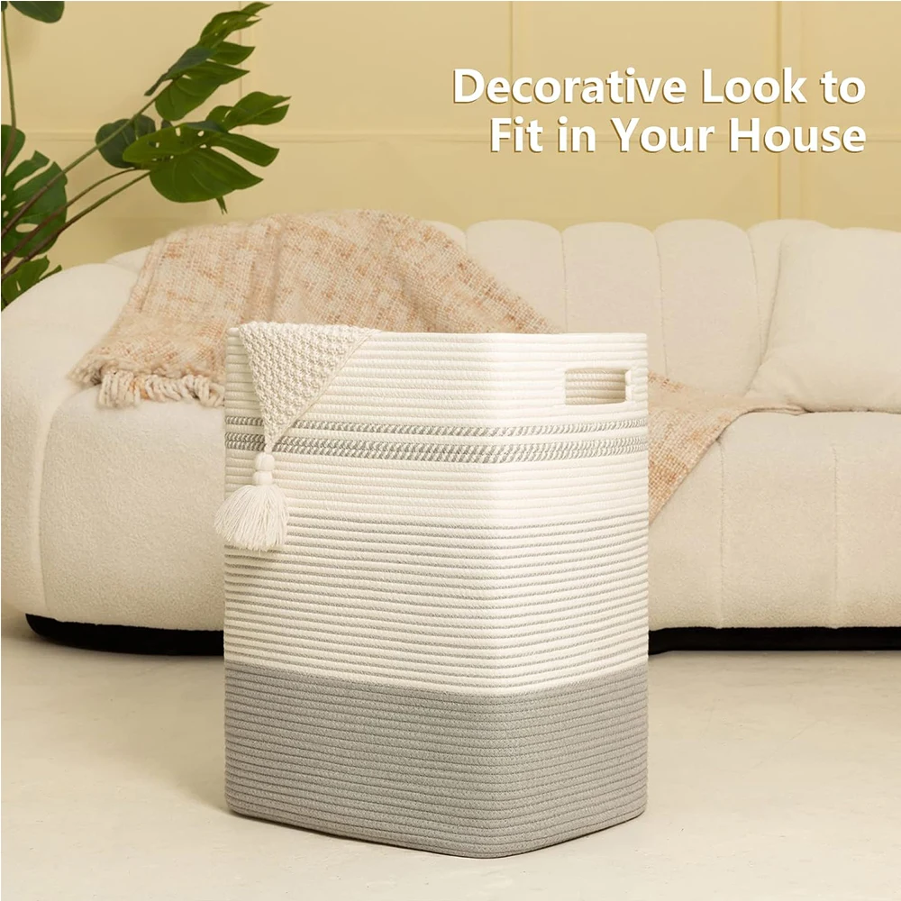 foldable Woven Rope Tall Laundry Basket Collapsible Laundry Hamper Tall Cotton Storage Basket for Toys Pillows Dirty Clothes Bin