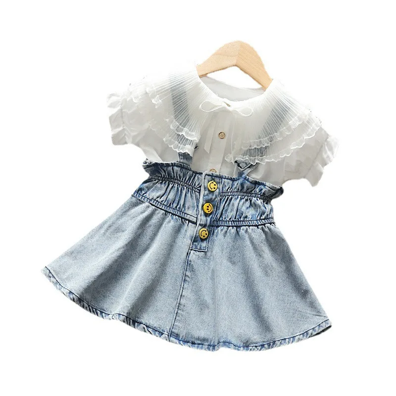 CPY-TZX22 Spring Summer Autumn New Baby Girls Sweet Lace Large Lapel Shirt+Cowboy Suspender Dress 2pcs Set Denim Princess Dress