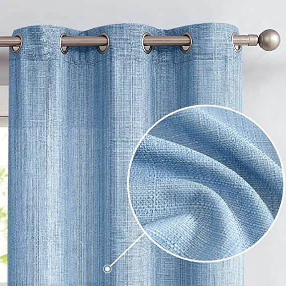 Customized Blue Textured Faux Cotton-Linen Weave Light Filtering Curtains For Living Room And Bedroom