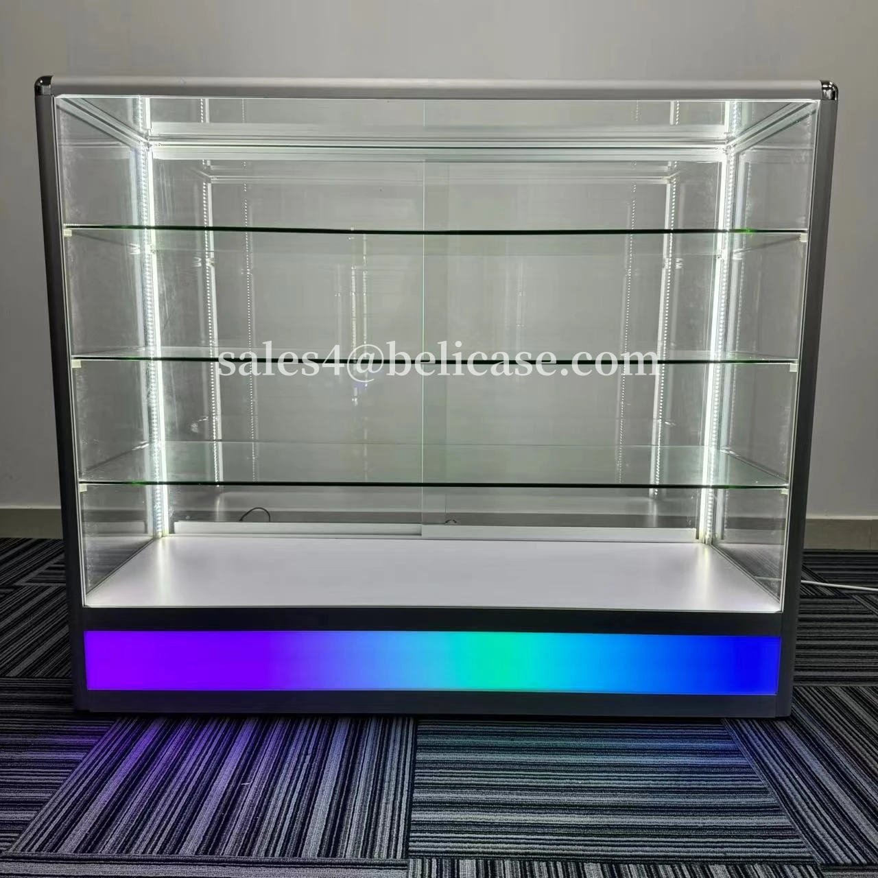 Aluminum Frame Multi-tier Floor Display Case Retail Store Glass Counter with Colored RGB Light Smoke Shop Glass Showcase