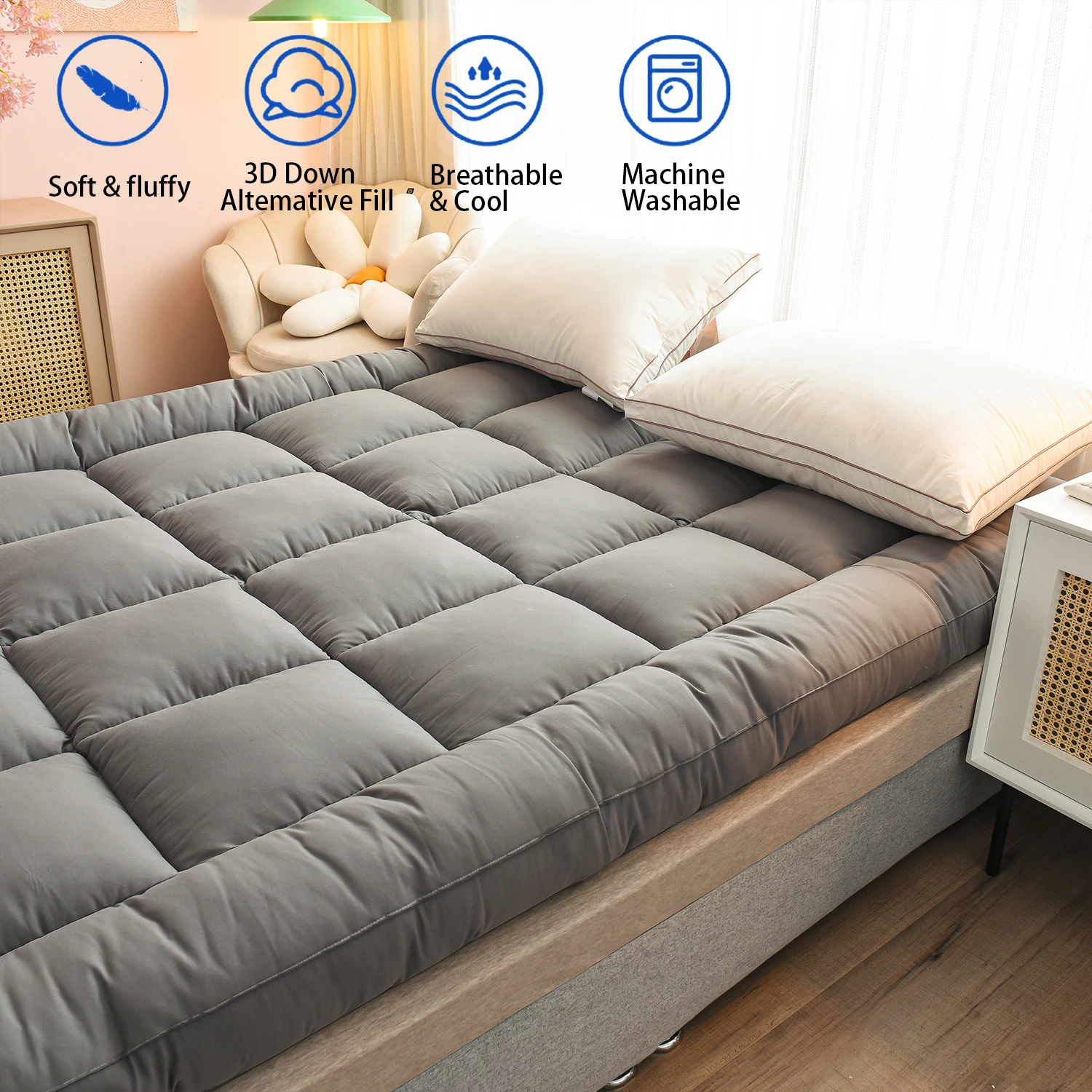 Extra Thick Mattress Pad Cover for Back Pain,Cooling Mattress Protector,Overfilled Down Alternative Filling,Mattress Topper