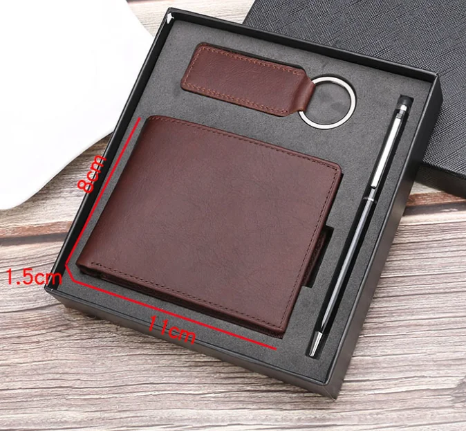  Новое поступление 2021 роскошный кожаный кошелек подарочный набор для мужчин подарок на день отца с кожаным кошельком и брелоком ручка логотипом заказ