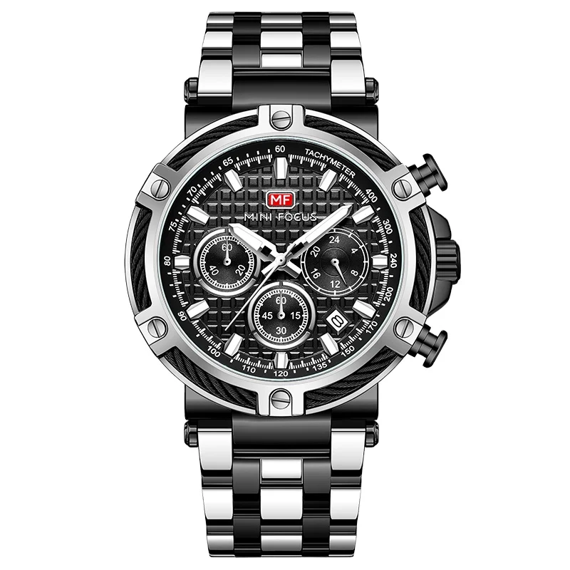 MF MINI FOCUS 0470G Chronograph Multifunction Quartz Mens Watches Luxury Stainless Strap Business Male Clock relogio masculino
