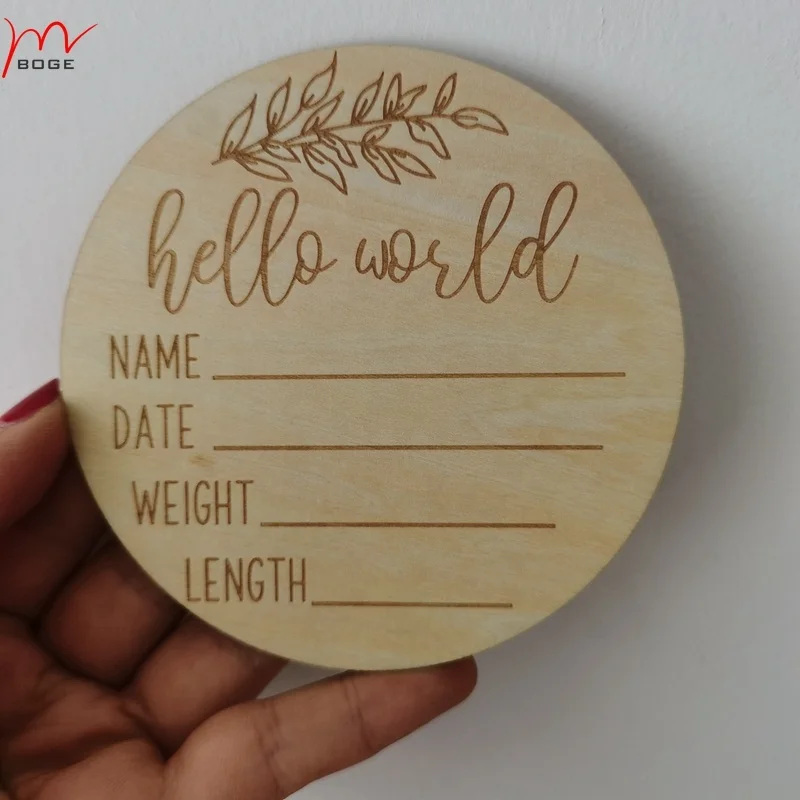 Hello World Birth Announcement Sign Modern Wood Engraved Round Plaque Baby Milestones Card