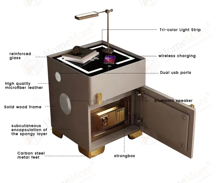 Luxury Mini Gun Safe Lockers Smart Bedside Table Wireless Charger LED Nightstand Gun Safe Box Fingerprint