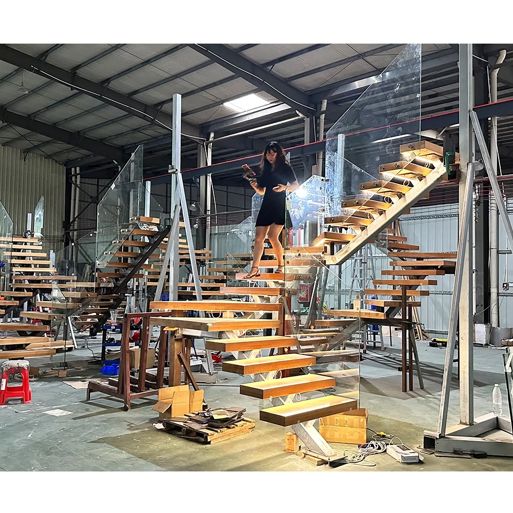 Factory Direct Second Floor Metal Railing Mono Stringer Staircase Handrail Solid Wood Tread Step Lights Indoor Stair