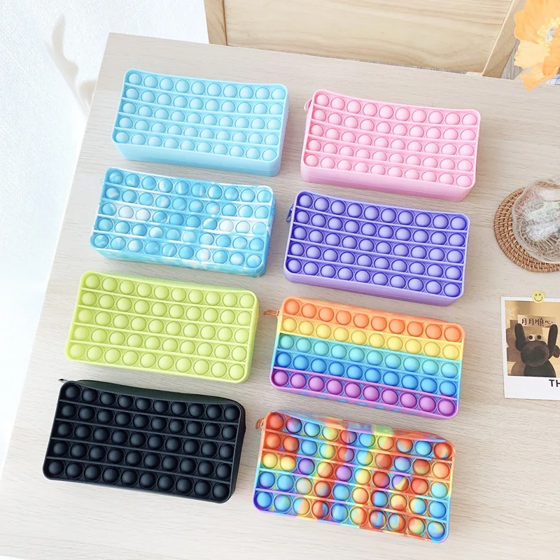 customized Autism Stress Relief Pen Storage Bag Sensory Push Bubble Pencil Box Pouch School Kids Rainbow Silicone Fidget Pencil