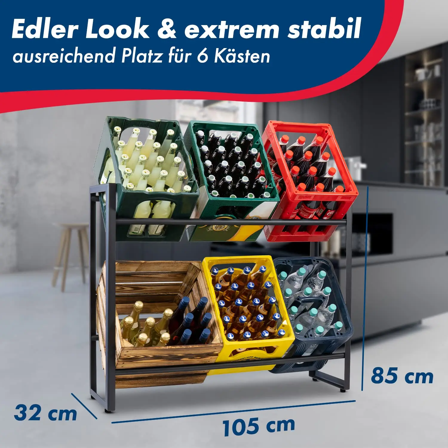 Drinks Crate Rack Black - Space-Saving Metal Shelf Black for Storage and Easy Handling of Drink Crates