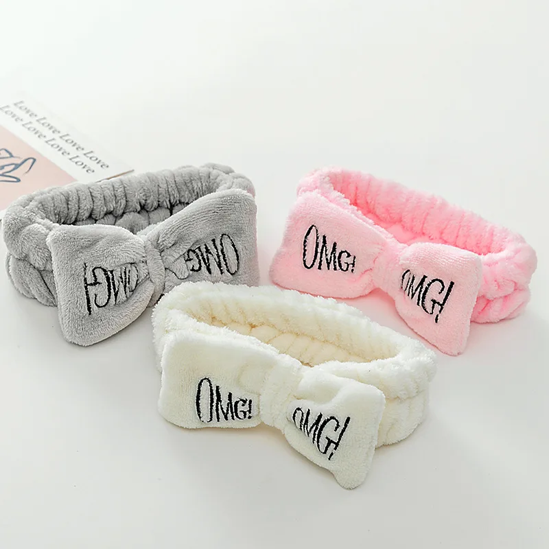 Winter Warm Coral Fleece Big Bow Head Band OMG Letters Designer Woman Face Wash Spa Makeup Headband