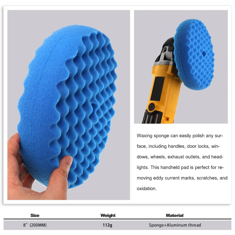 8Inch Blue Double-side 5/8' or M14 Medium Cutting Wave Buffing Sponge Waffle Foam Polishing Pad for Auto Care Sanding Waxing