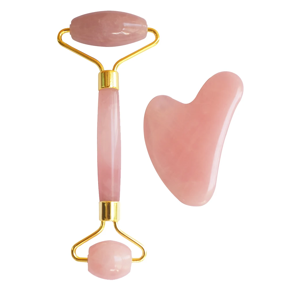Rose Quartz Roller and Guasha with mask brush set for facial skin care tools