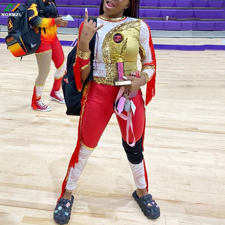 Normzl free design majorette performance costume custom red white gold majorette dance uniforms with sequins and fringe