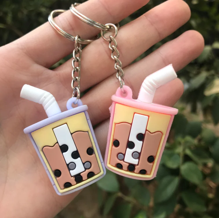 Cute Bubble Tea milk Pendant Keychains PVC Rubber Dolls Gifts Car Schoolbag Hamburger French fries popcorn keyring  Accessories