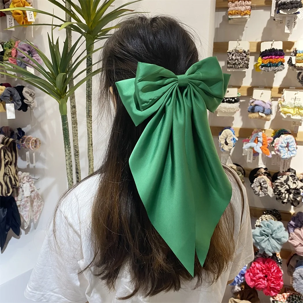 New Design Silky Satin Bow Hair Clips Long Tail Bows Clip for Girls Women Large Solid Hair Bows Hairpin