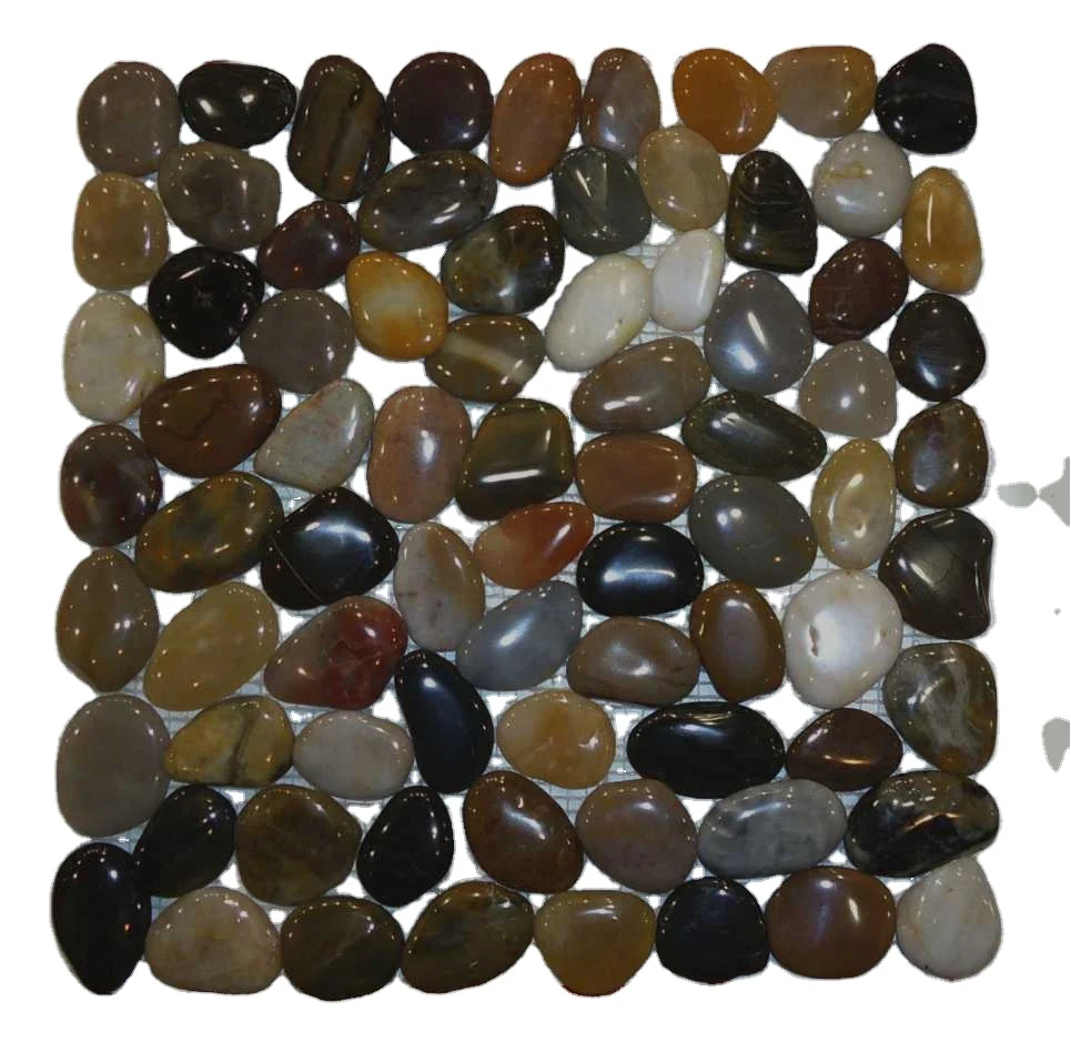 High Quality Natural Mixed Color Stone Pebble Tiles on Mesh for Paving Stone