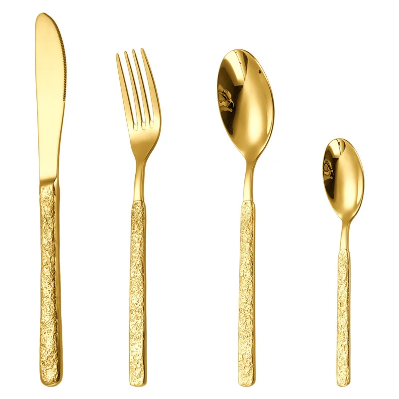 New Reusable Stone Pattern Handle Stainless Steel Flatware Knife Fork Spoon Gold Silverware Restaurant Cutlery Set