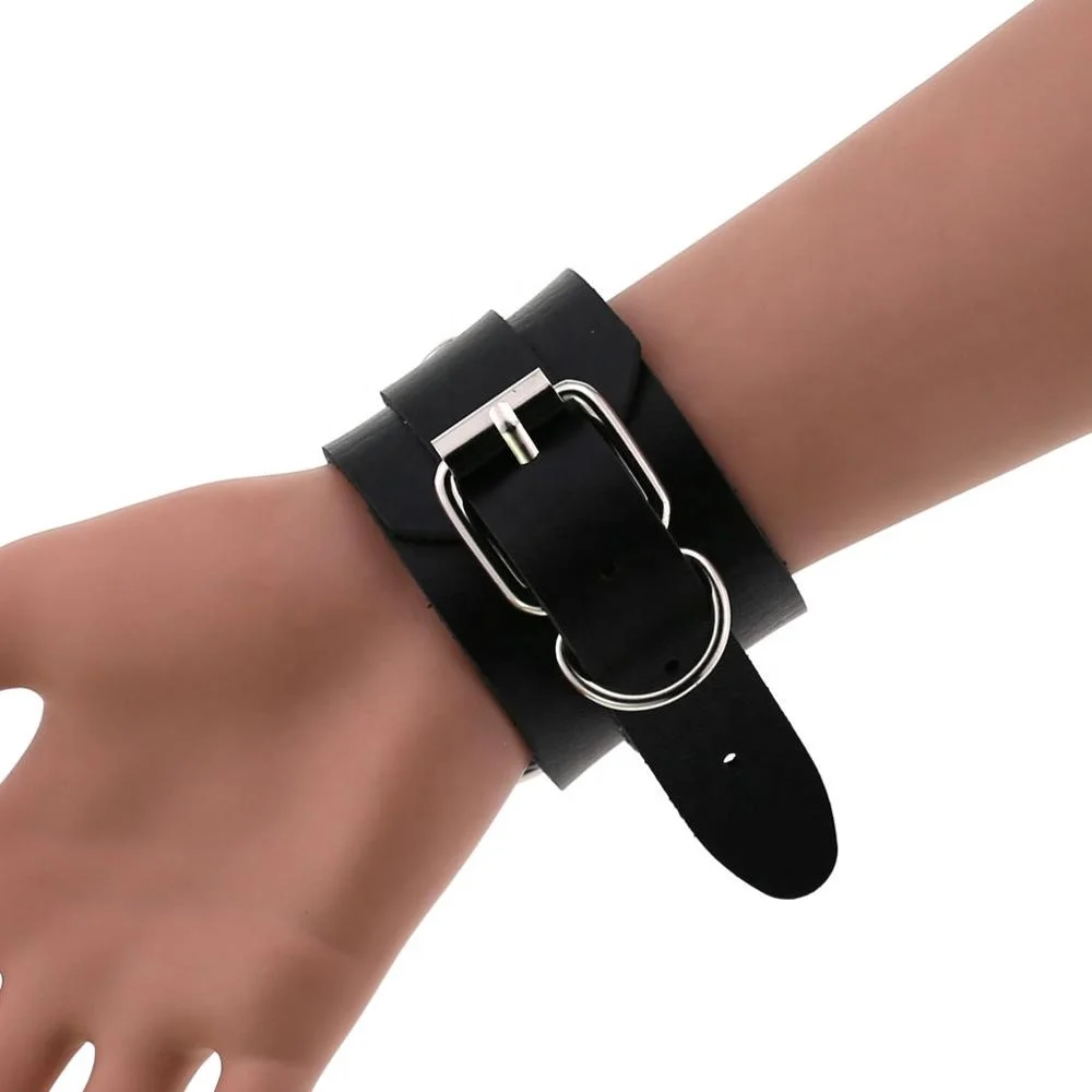 Punk Oversized Double Layer Leather Band Cover Wrist Bracelet Bondage BDSM Silver Metal O Round Gothic Bangles