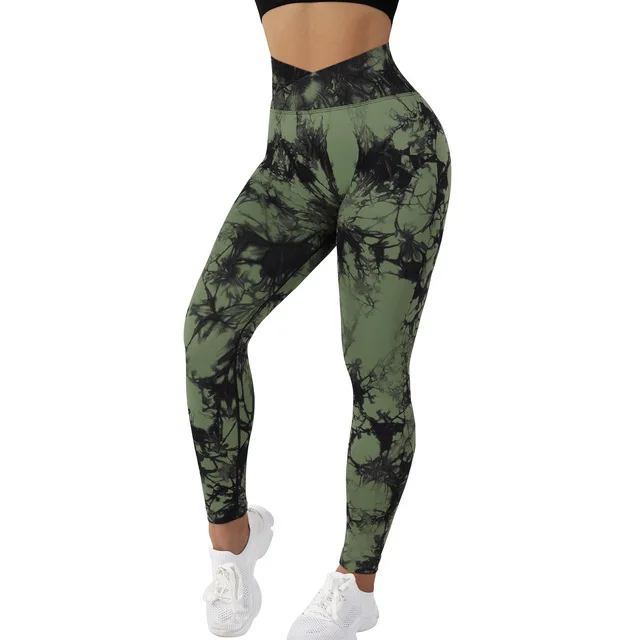 Push Up Sportswear Fitness Tights Workout Seamless Marble Tie Dye Crossover Waist Leggings High Waisted Butt Lifting Yoga Pants