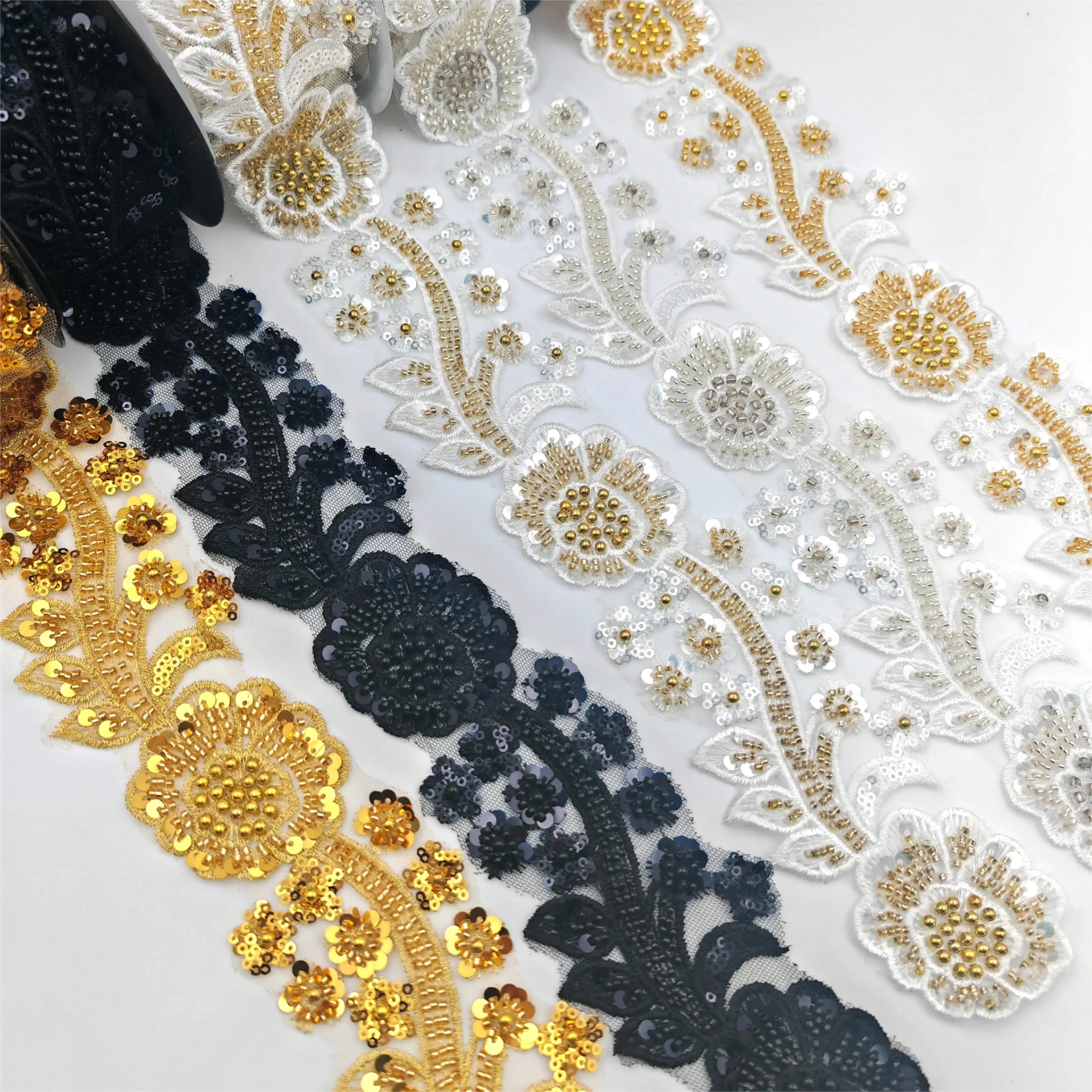 Luxury Beaded Lace sequin  rhinestone fabric Trim Bead Applique french lace fabric for bridal dress