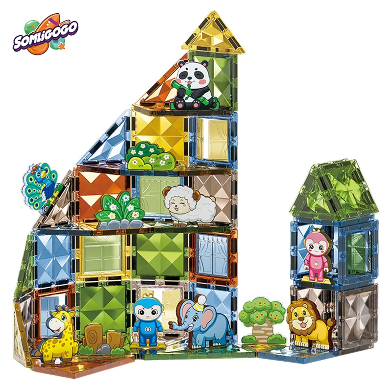 SL 4D Drilling Surface Design 82pcs Animal Zoo Magic Magnetic Tiles Building Blocks Sticks Sets Toys For 3+years Kids Children