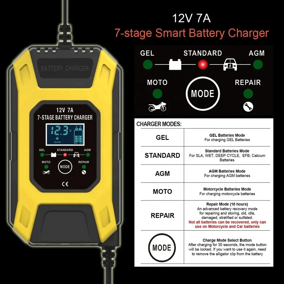 12V 7A Portable Pulse Repair Battery Charger jump starter 12 volt 7amp Motorcycle golf cart Car Maintainer Desulfator