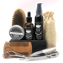 custom organic beard wood brush and comb set grooming kit grow oil balm mens beard trimming care sets gift