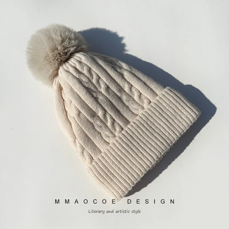 Wholesale Custom Knitted Beanie Warm Fleece Lining Women Cap Cable Faux Fur Pompom Winter Hat