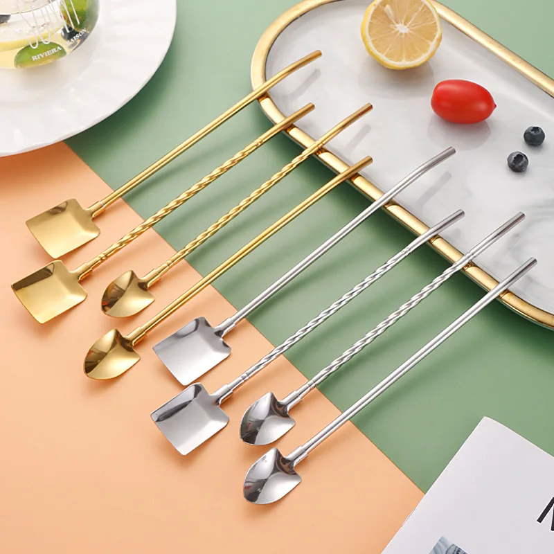 304 stainless steel straw spoon New creative straw spade dual-purpose coffee stirring spoon Threaded straw spoon