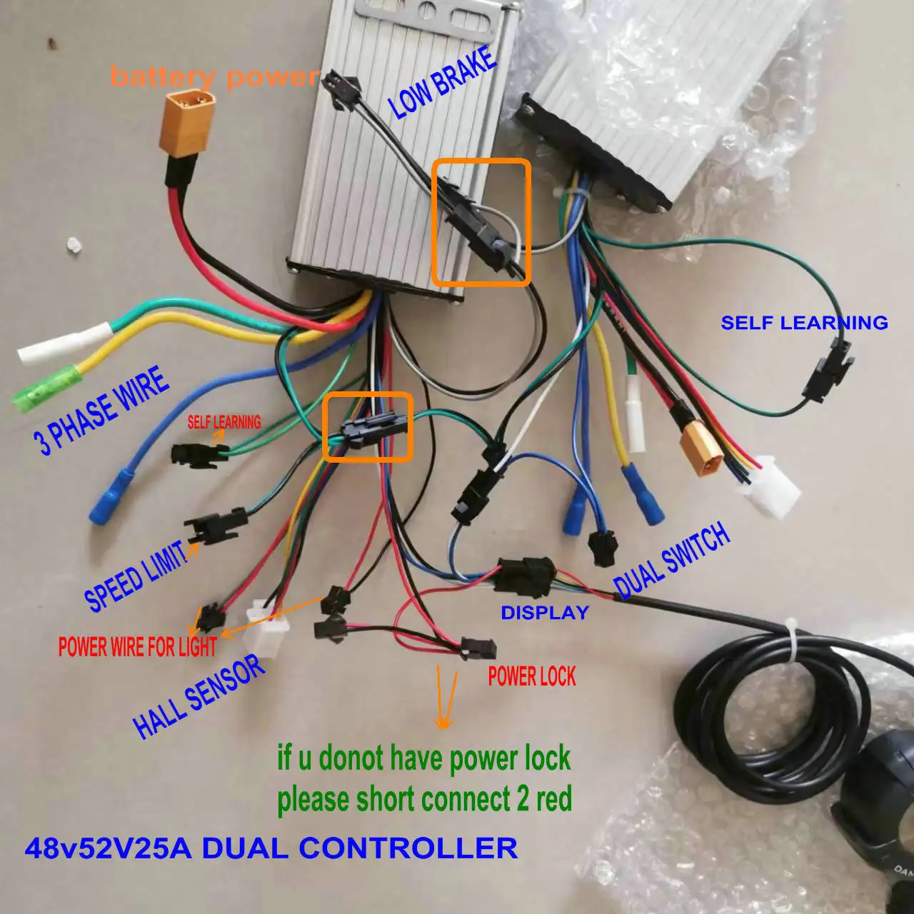 DUAL CONTROLLER 48V60V25A+ONE DISPLAY COLORED OR GREEN FOR ELECTRIC SCOOTER WITH 2 MOTORS EBIKE TRICYCLE DIY AND REPAIR PART