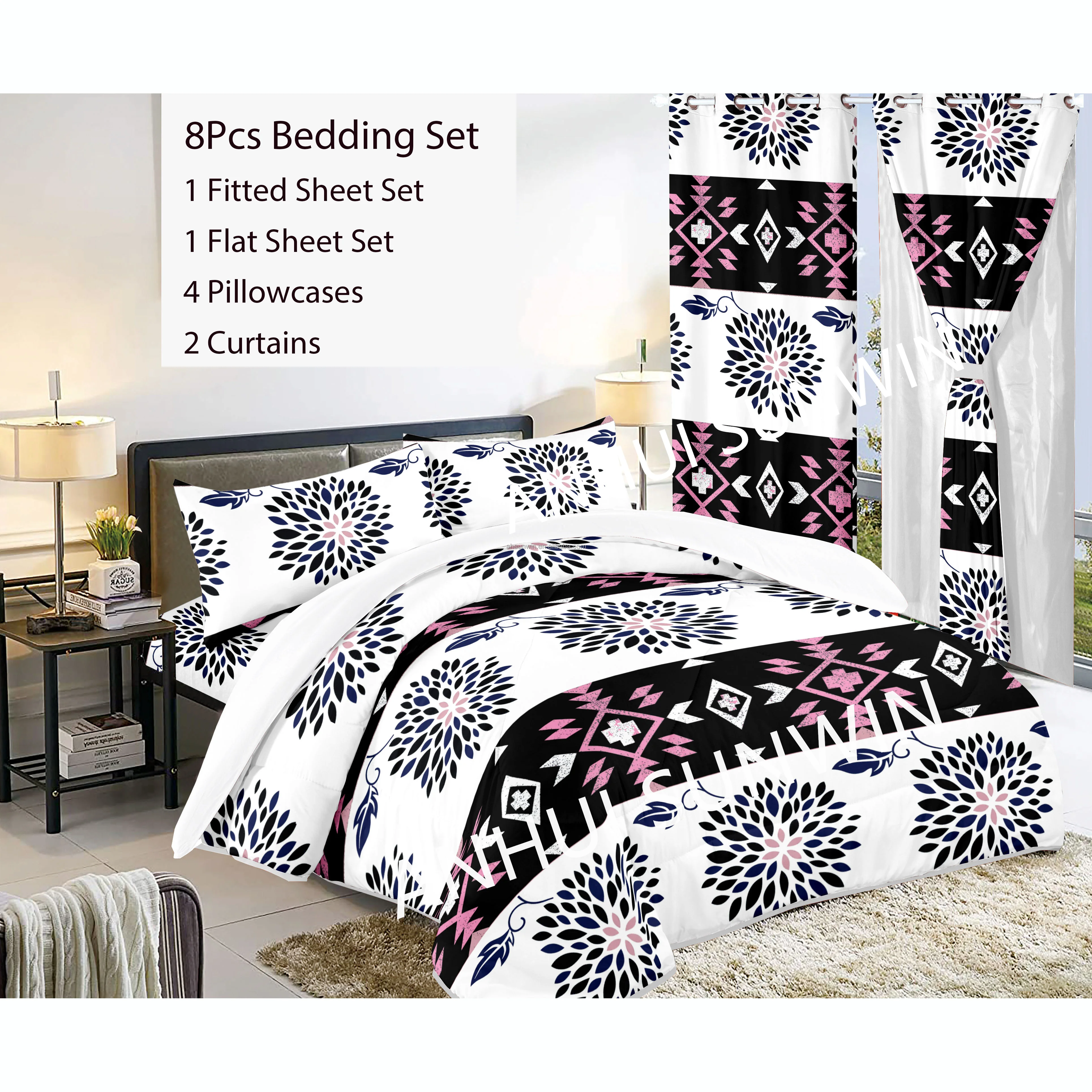 Curtain Bedding Set Nantong Factory 8Pcs Bedsheet With Matching Curtains King Cal King Size For Sales