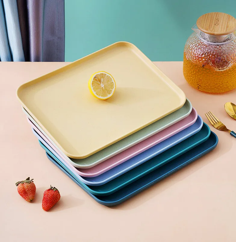 Eco-friendly Plastic Plate Reusable Rectangle Food Serving Tray Wheat Straw Dishes & Plates For Home Restaurant