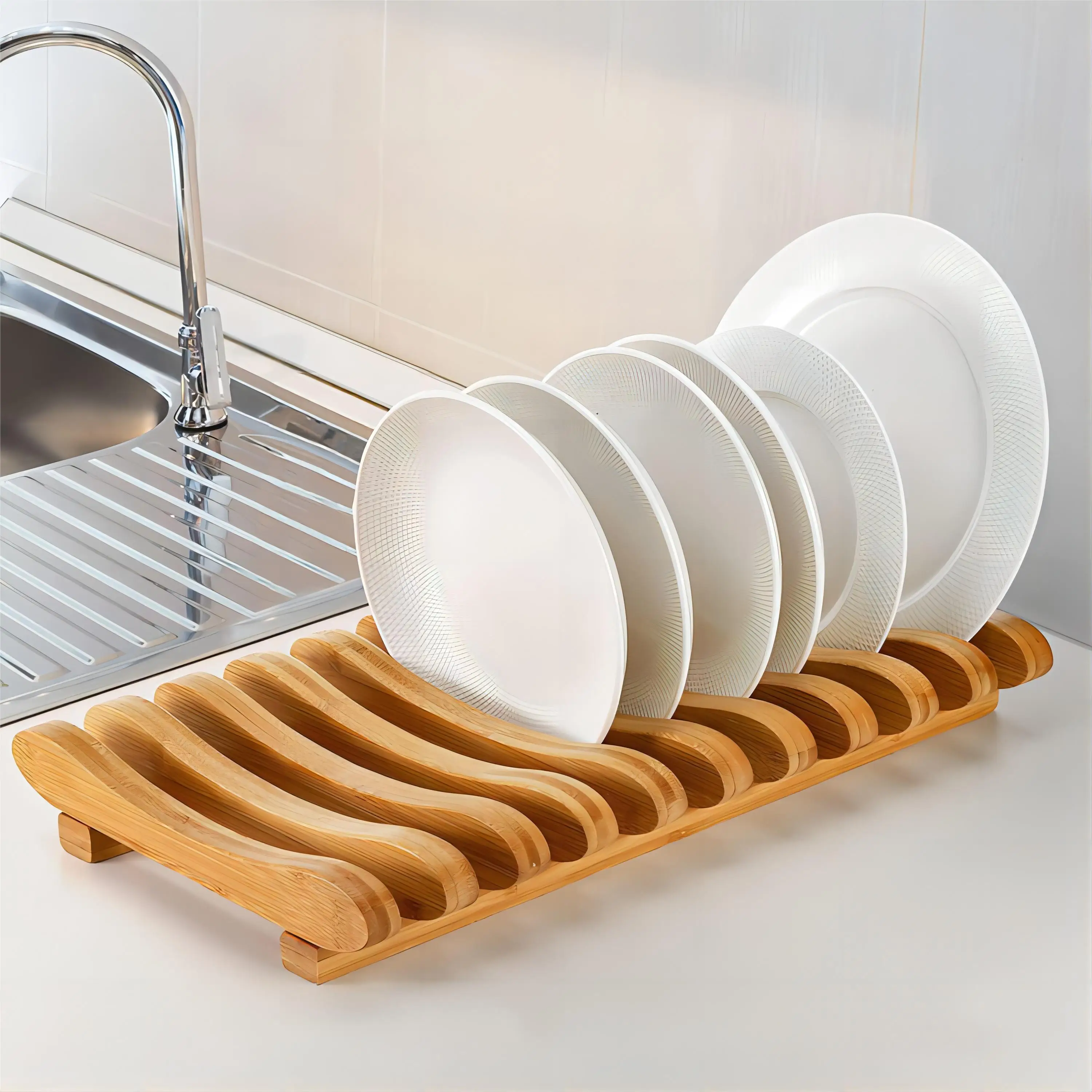 Wholesale Wooden Dish Drain Rack Tray Plate Drying Shelf Bowl Display Stand Holder Dinnerware Kitchen Storage Organizer