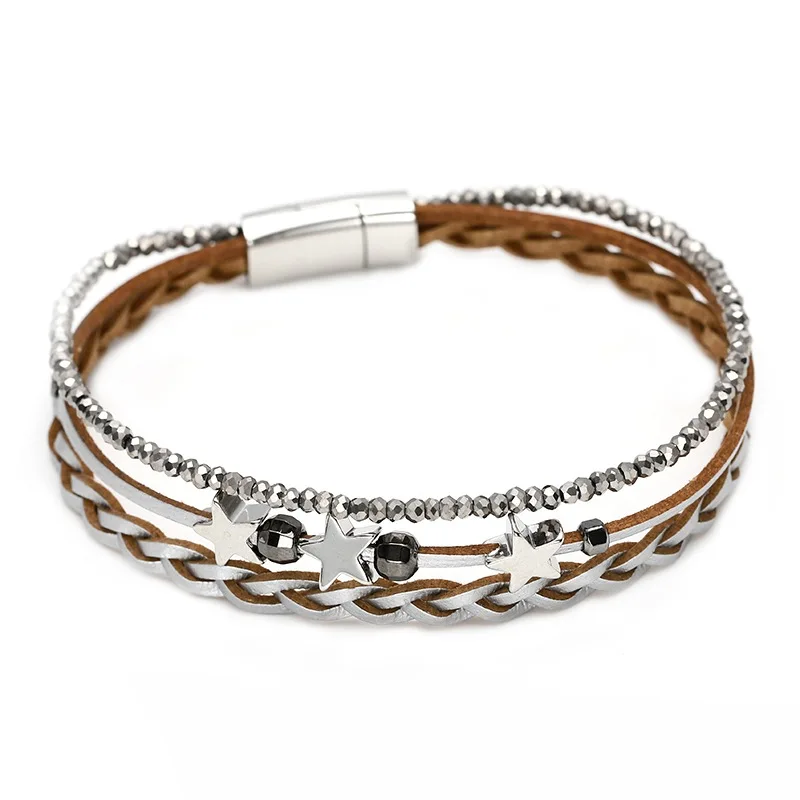 Fashion Braided Rope Cord Wrap PU Leather Bracelet Femme Women Customized Magnetic Clasp Lucky Knot Genuine Leather Bracelet