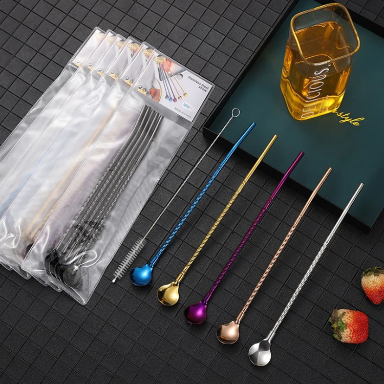 Wholesale Straight Bent 304 Stainless Steel Coffee Tea Stirring Straws Spoon Creative Yerba Mate Drinking Straws
