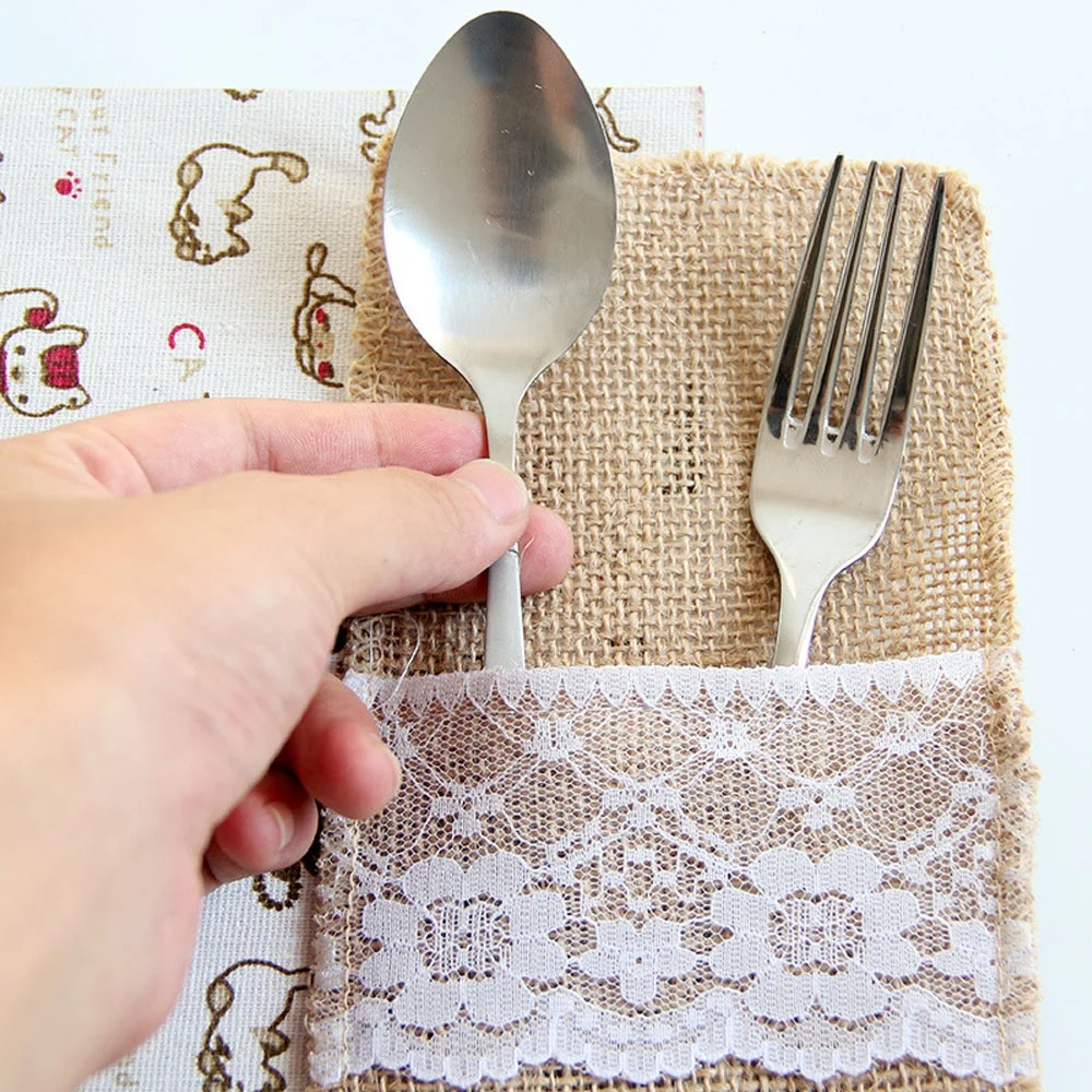 Retro Hessian Jute Burlap Lace Linen Cutlery Pouch Holder Bag for Wedding Party Table Decoration Supplies