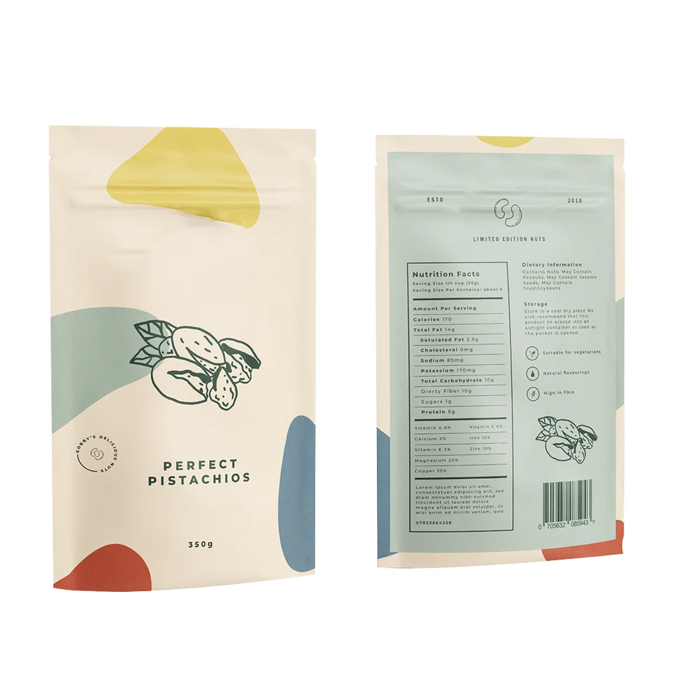 Настраиваемая упаковка для закусок с подставкой кешью многоразовая пластиковая алюминиевая фольга молнией сухих пищевых продуктов