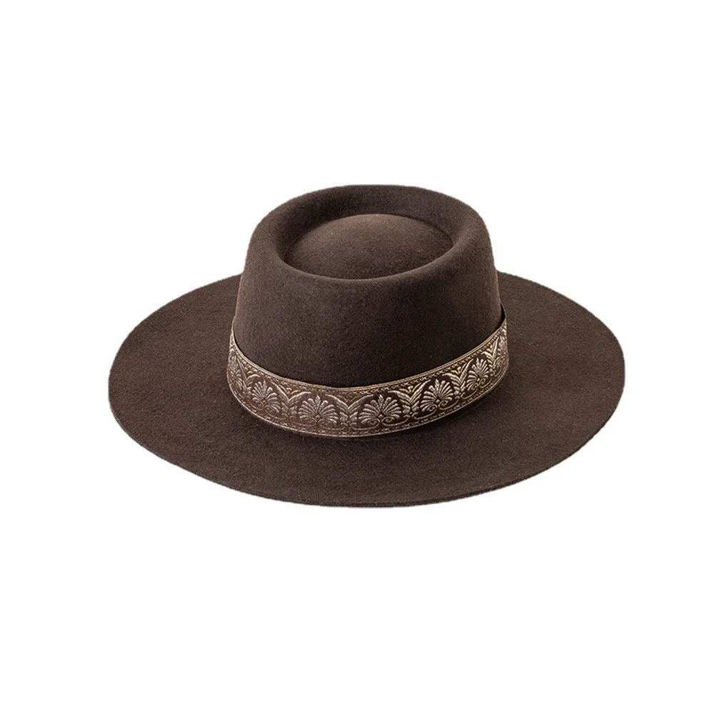 factory wholesale custom autumn winter new wool hat fashion vintage embroidery ribbon top hat wide eaves ring top fedora hat