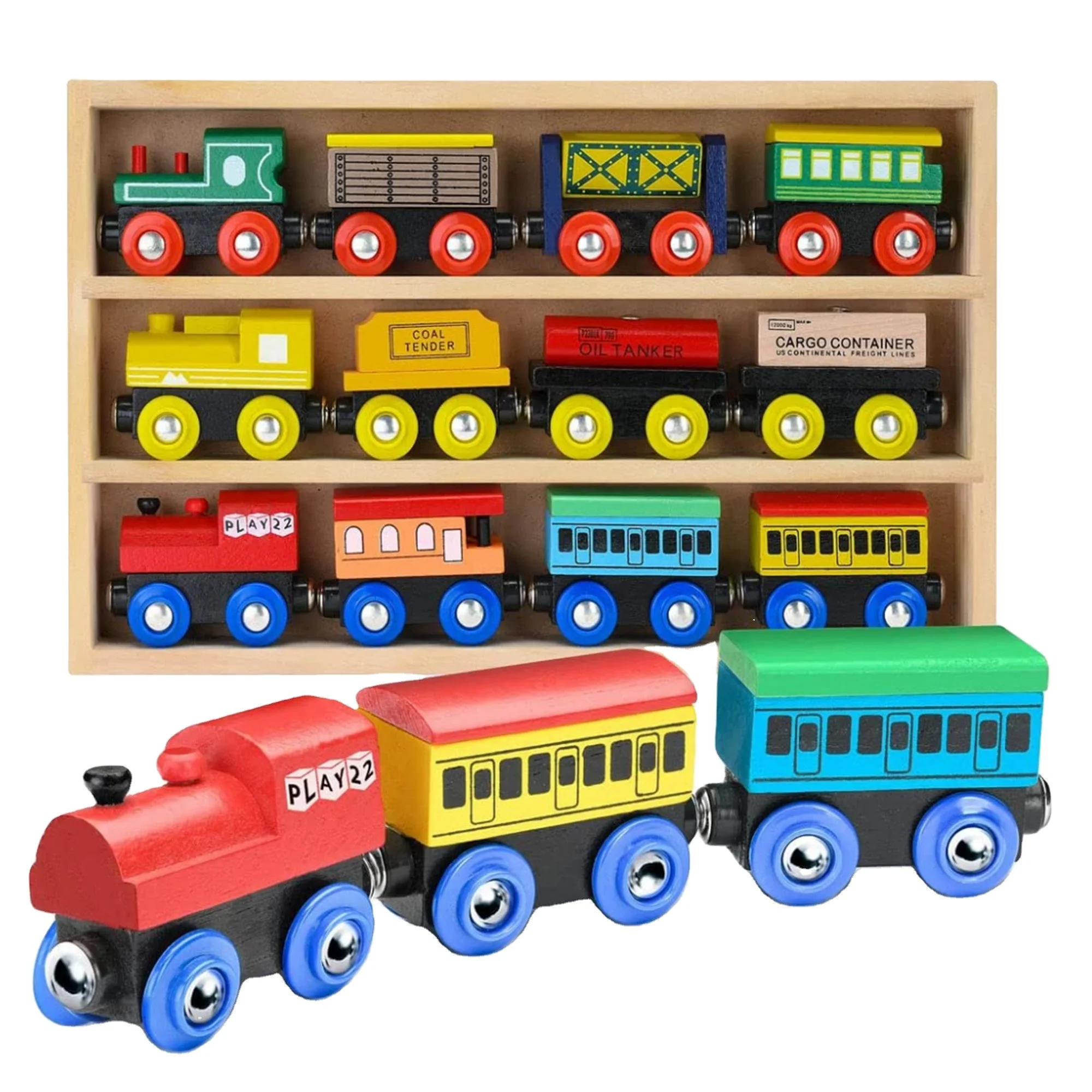 12 PCS Wooden Train Play Set Train Toys Magnetic Set Includes 3 Engines For Kids Toddler Boys And Girls